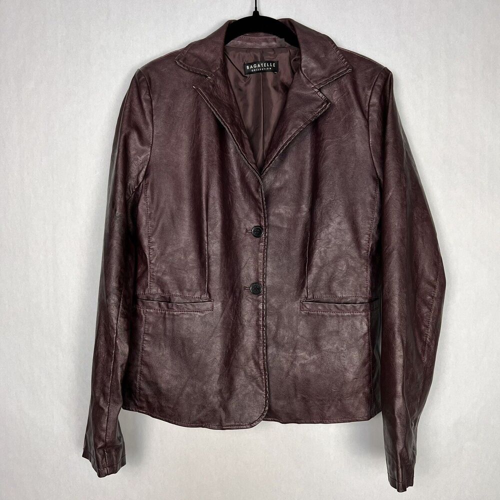 Bagatelle Collection Faux Leather Blazer S Burgundy Brown Button Front Jacket